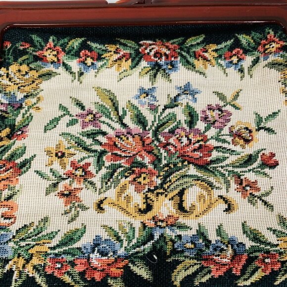VTG 1950s Needlepoint Tapestry Clutch Floral Purse Tortoise Shell Frame Handbag - Picture 13 of 14